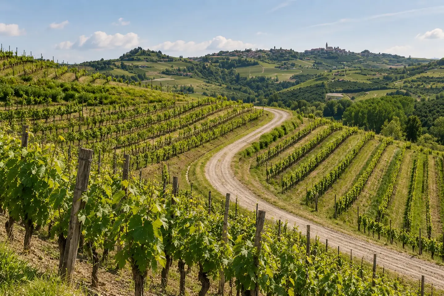 Vineyard rows and a winding track through the Langhe hills, Piedmont