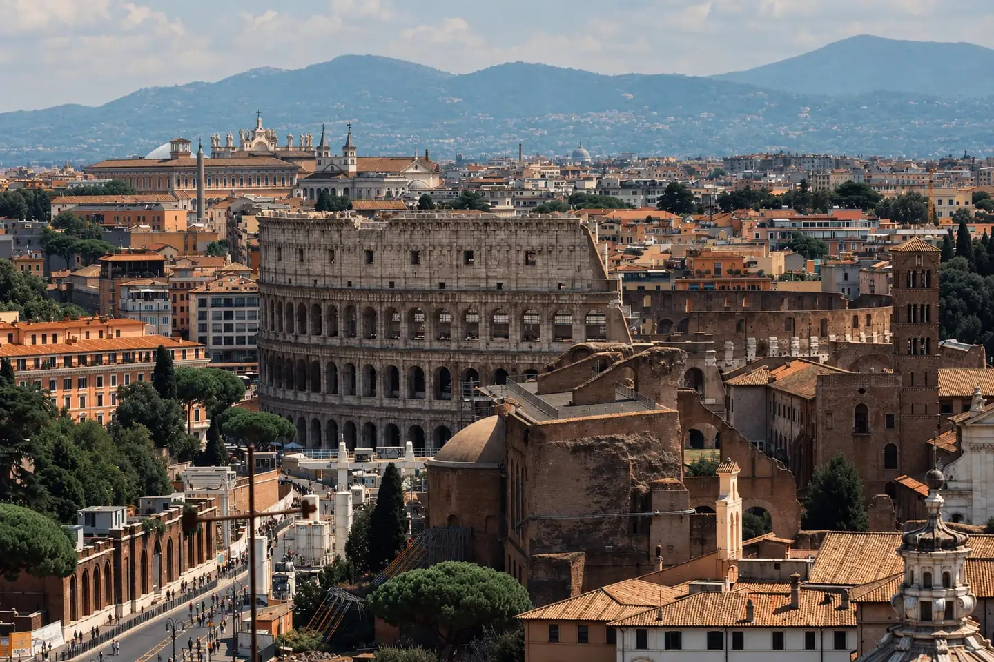 The Colosseum amid the rooftops of Rome