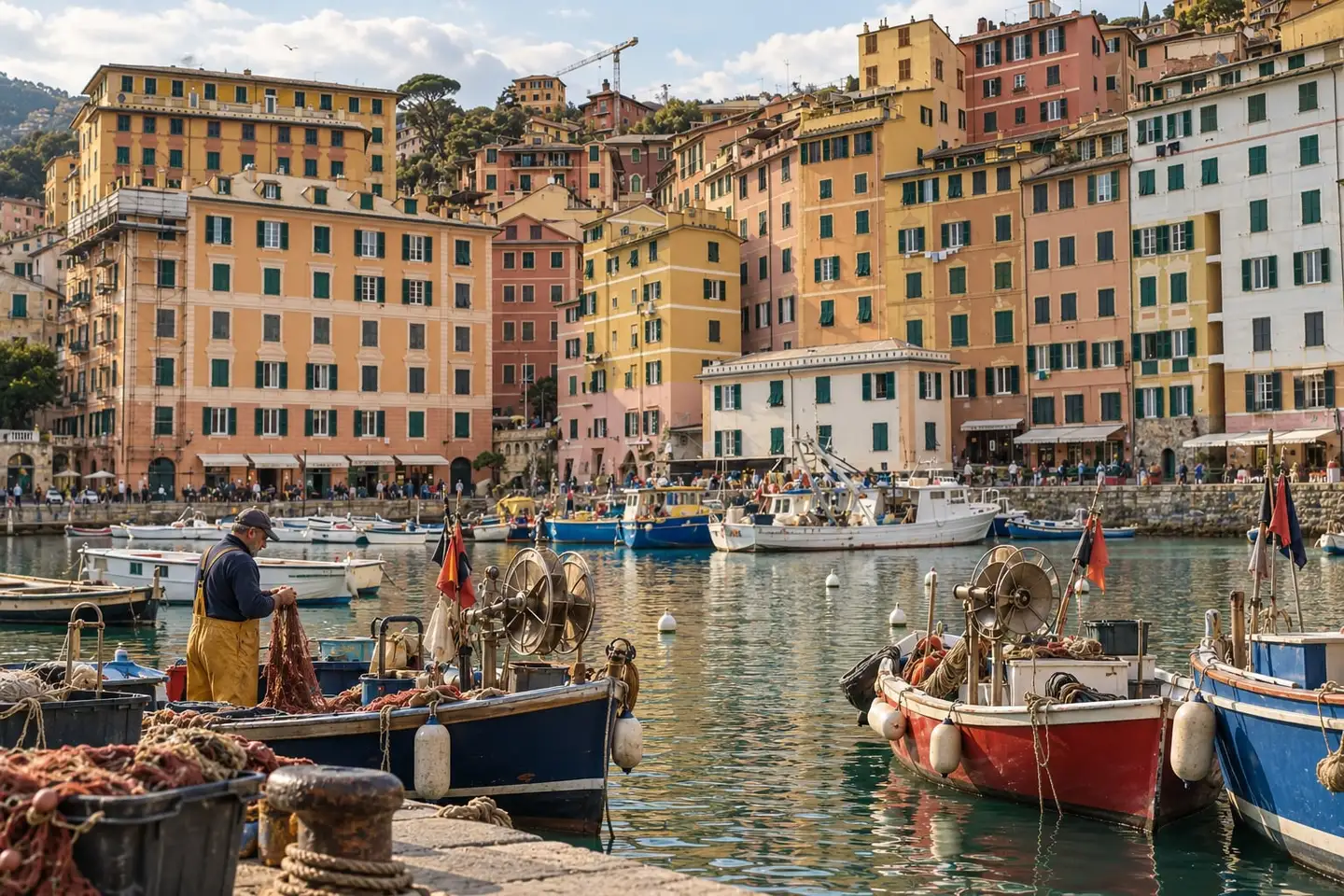 Fishing boats and waterfront buildings at Camogli harbor, Liguria